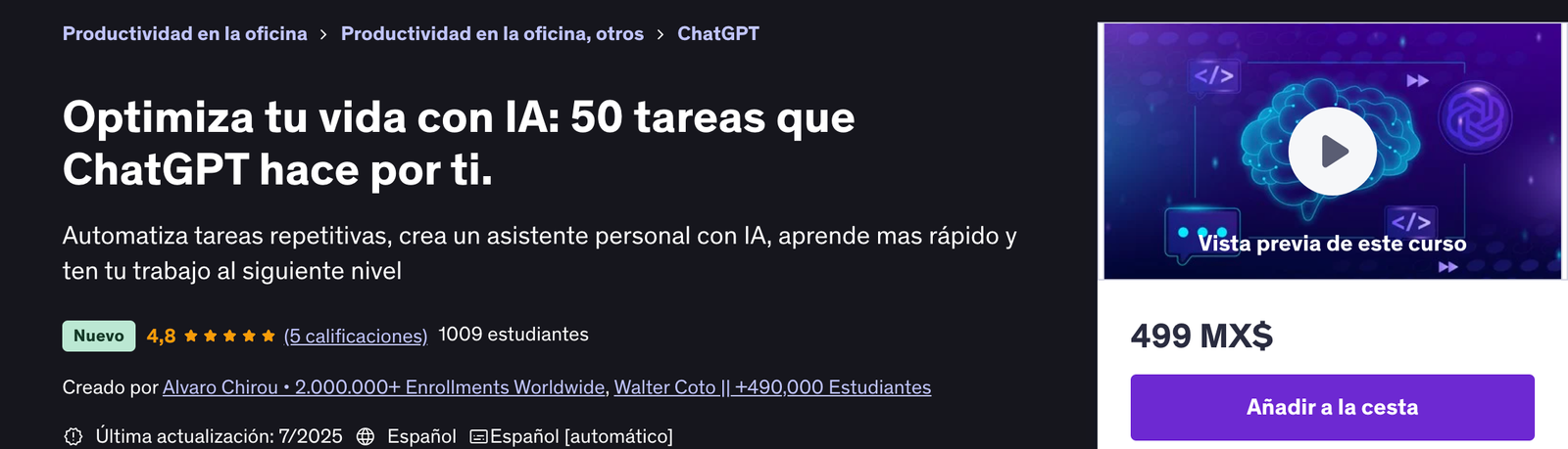 Optimiza tu vida con IA: 50 tareas que ChatGPT hace por ti. UDEMY