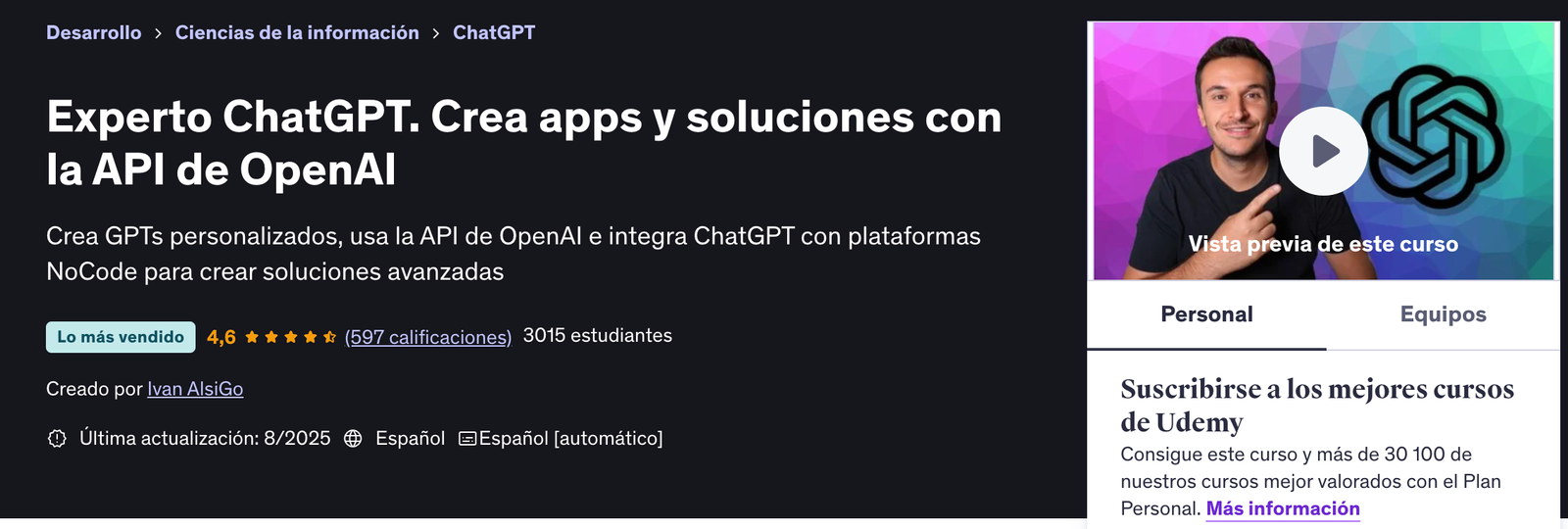 Experto ChatGPT. Crea apps y soluciones con la API de OpenAI Udemy
