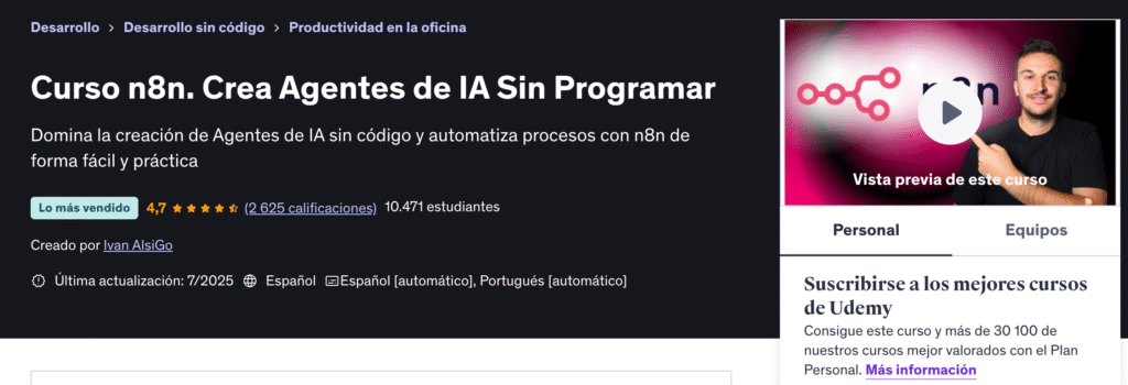 Curso n8n. Crea Agentes de IA Sin Programar Udemy