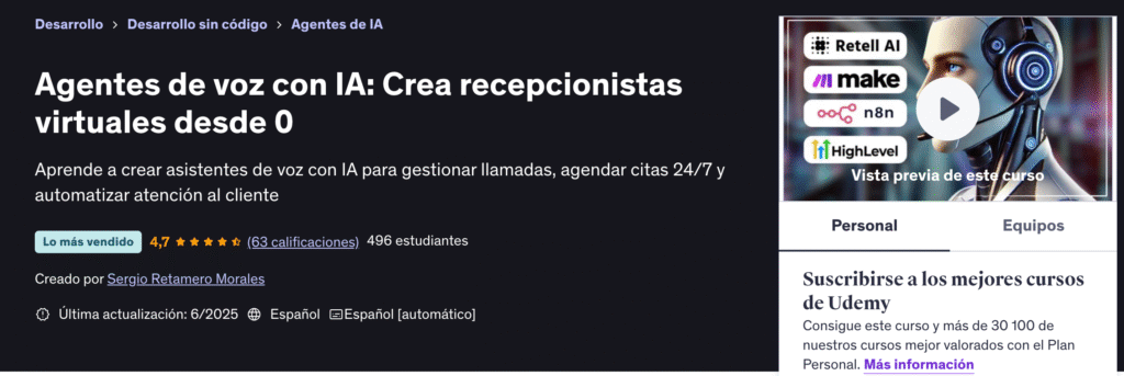Agentes de voz con IA: Crea recepcionistas virtuales desde 0 udemy reseña