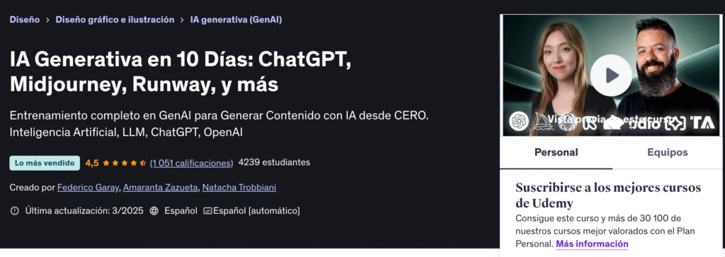 IA Generativa en 10 Días: ChatGPT, Midjourney, Runway, y más Udemy Reseña