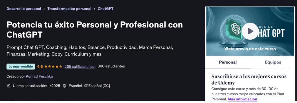 Potencia tu éxito Personal y Profesional con ChatGPT udemy reseña